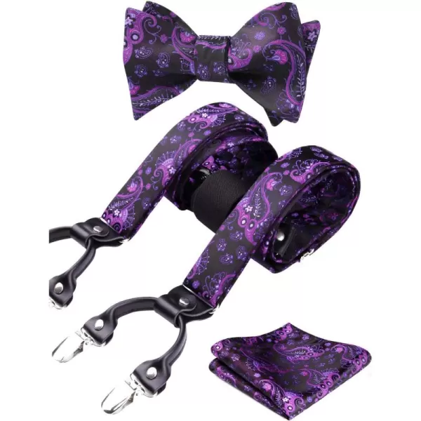 HISDERN Bow Tie and Suspenders for Men Floral Paisley Suspender Bowtie Set Adjustable Strong 6 Clips for Wedding Party