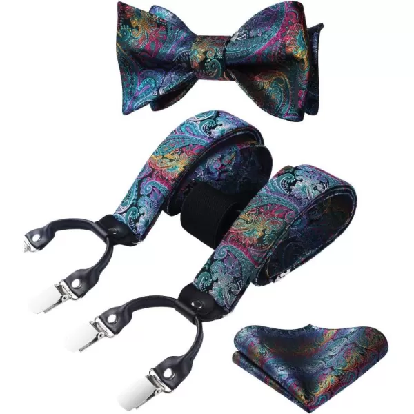 HISDERN Bow Tie and Suspenders for Men Floral Paisley Suspender Bowtie Set Adjustable Strong 6 Clips for Wedding Party