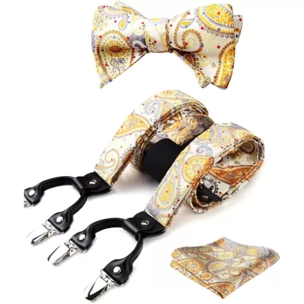 HISDERN Bow Tie and Suspenders for Men Floral Paisley Suspender Bowtie Set Adjustable Strong 6 Clips for Wedding Party