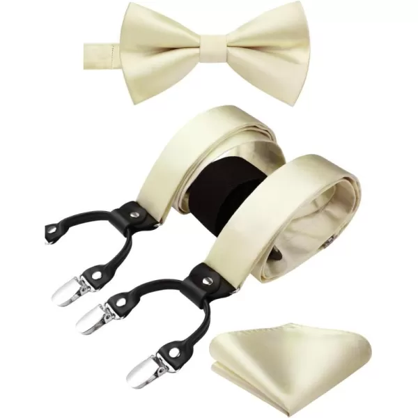 HISDERN Bow Tie and Suspenders for Men Suspender and Bowtie Handkerchief Set Adjustable Y Shape 6 Clips Wedding Brace