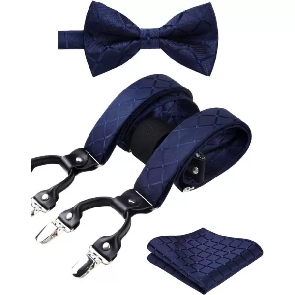 HISDERN Bow Tie and Suspenders for Men Suspender and Bowtie Handkerchief Set Adjustable Y Shape 6 Clips Wedding Brace