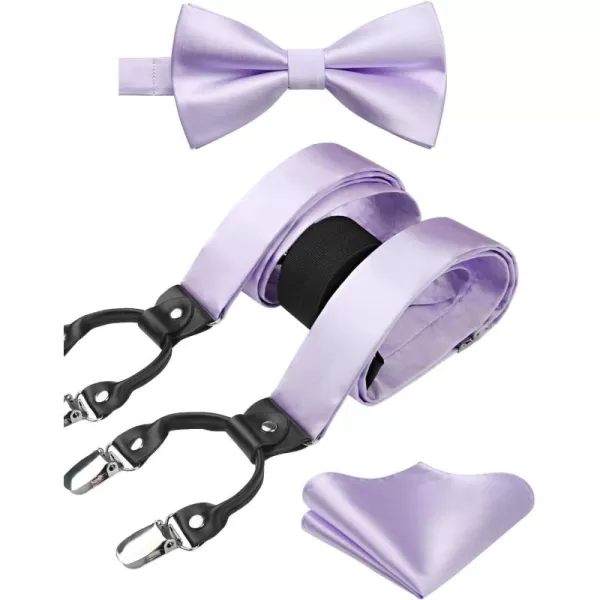 HISDERN Bow Tie and Suspenders for Men Suspender and Bowtie Handkerchief Set Adjustable Y Shape 6 Clips Wedding Brace