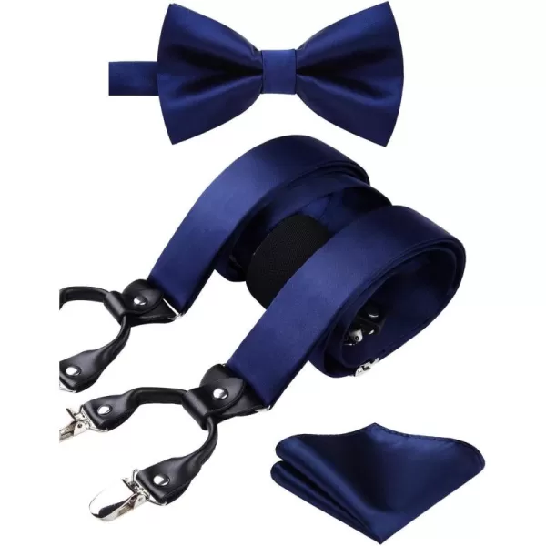 HISDERN Bow Tie and Suspenders for Men Suspender and Bowtie Handkerchief Set Adjustable Y Shape 6 Clips Wedding Brace