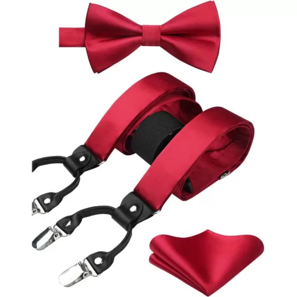 HISDERN Bow Tie and Suspenders for Men Suspender and Bowtie Handkerchief Set Adjustable Y Shape 6 Clips Wedding Brace