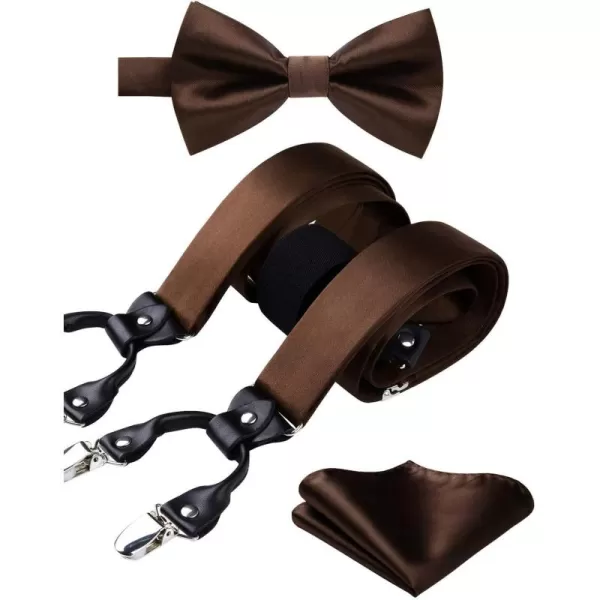 HISDERN Bow Tie and Suspenders for Men Suspender and Bowtie Handkerchief Set Adjustable Y Shape 6 Clips Wedding Brace