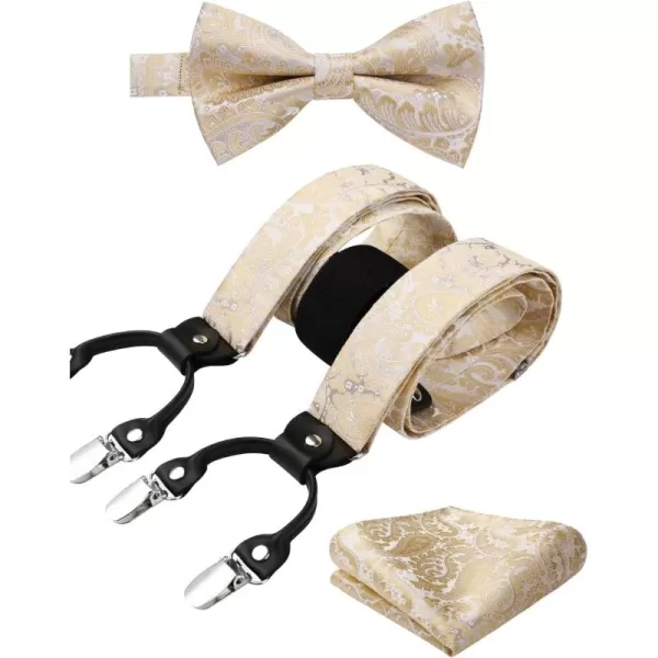 HISDERN Bow Tie and Suspenders for Men Suspender and Bowtie Handkerchief Set Adjustable Y Shape 6 Clips Wedding Brace