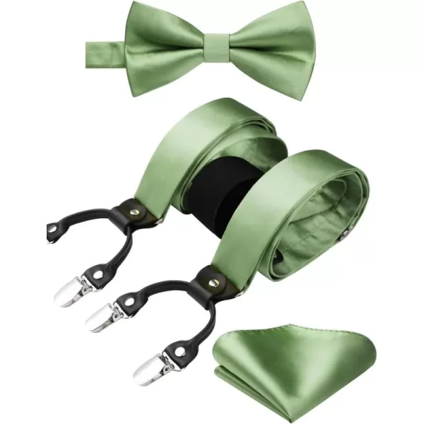 HISDERN Bow Tie and Suspenders for Men Suspender and Bowtie Handkerchief Set Adjustable Y Shape 6 Clips Wedding Brace