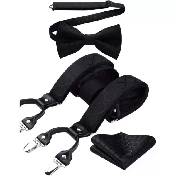 HISDERN Bow Tie and Suspenders for Men Suspender and Bowtie Handkerchief Set Adjustable Y Shape 6 Clips Wedding Brace