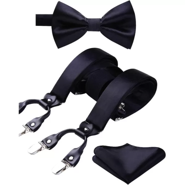 HISDERN Bow Tie and Suspenders for Men Suspender and Bowtie Handkerchief Set Adjustable Y Shape 6 Clips Wedding Brace