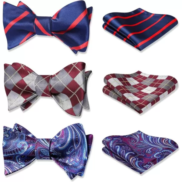 HISDERN Bow Ties for Men 3pcs Mixed Self-Tie Bow tie and Pocket Square Set Classic Formal Tuxedo Wedding &amp; Party Bowtie