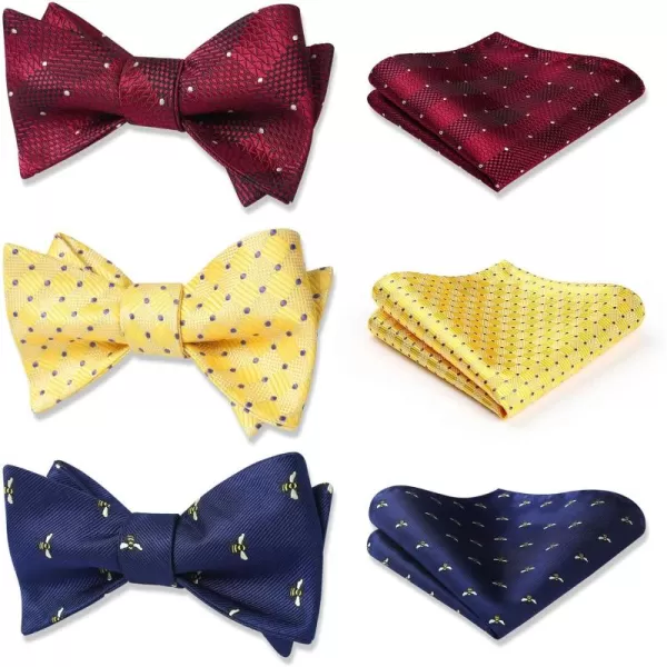 HISDERN Bow Ties for Men 3pcs Mixed Self-Tie Bow tie and Pocket Square Set Classic Formal Tuxedo Wedding &amp; Party Bowtie