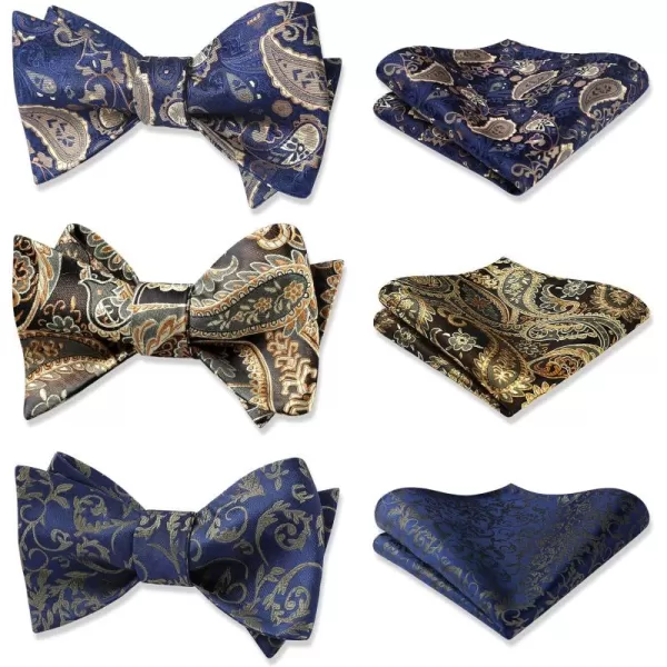 HISDERN Bow Ties for Men 3pcs Mixed Self-Tie Bow tie and Pocket Square Set Classic Formal Tuxedo Wedding &amp; Party Bowtie