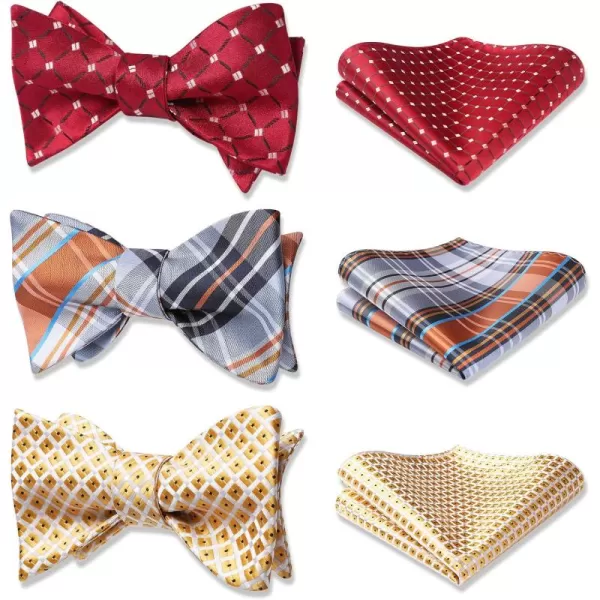 HISDERN Bow Ties for Men 3pcs Mixed Self-Tie Bow tie and Pocket Square Set Classic Formal Tuxedo Wedding &amp; Party Bowtie