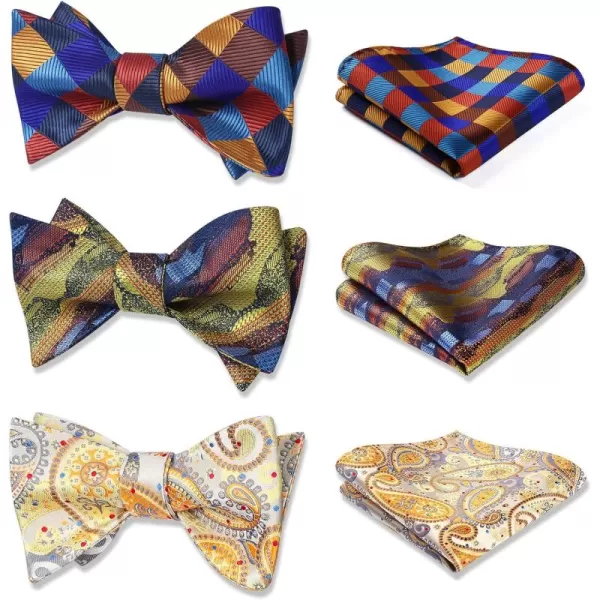 HISDERN Bow Ties for Men 3pcs Mixed Self-Tie Bow tie and Pocket Square Set Classic Formal Tuxedo Wedding &amp; Party Bowtie