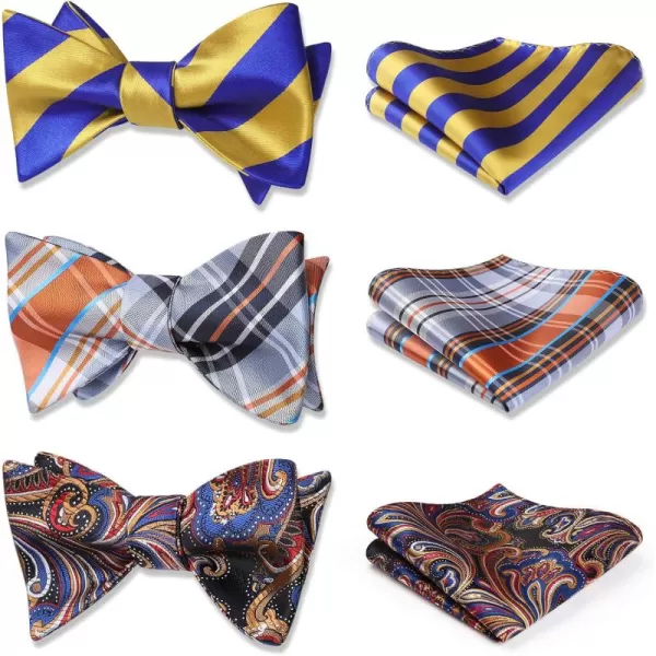 HISDERN Bow Ties for Men 3pcs Mixed Self-Tie Bow tie and Pocket Square Set Classic Formal Tuxedo Wedding &amp; Party Bowtie