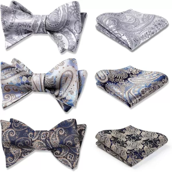 HISDERN Bow Ties for Men 3pcs Mixed Self-Tie Bow tie and Pocket Square Set Classic Formal Tuxedo Wedding &amp; Party Bowtie