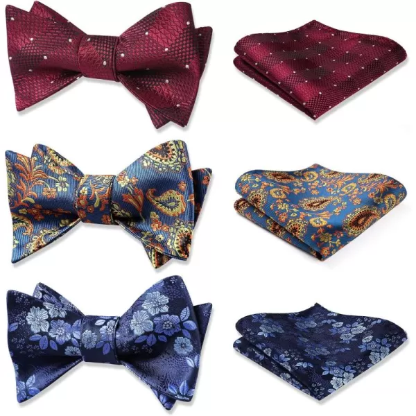 HISDERN Bow Ties for Men 3pcs Mixed Self-Tie Bow tie and Pocket Square Set Classic Formal Tuxedo Wedding &amp; Party Bowtie