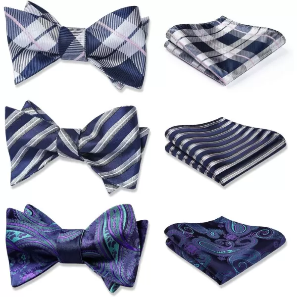 HISDERN Bow Ties for Men 3pcs Mixed Self-Tie Bow tie and Pocket Square Set Classic Formal Tuxedo Wedding &amp; Party Bowtie