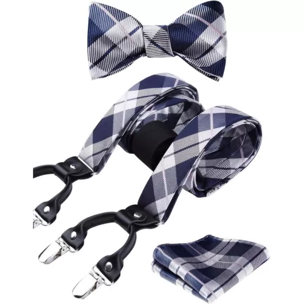 HISDERN Bow tie and Suspenders for Men Plaid Suspender Self Bowtie Pocket Square Adjustable Y Shape Mens Trouser Braces