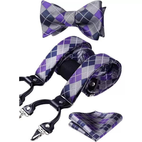 HISDERN Bow tie and Suspenders for Men Plaid Suspender Self Bowtie Pocket Square Adjustable Y Shape Mens Trouser Braces