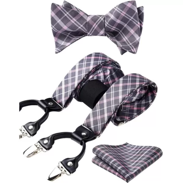 HISDERN Bow tie and Suspenders for Men Plaid Suspender Self Bowtie Pocket Square Adjustable Y Shape Mens Trouser Braces