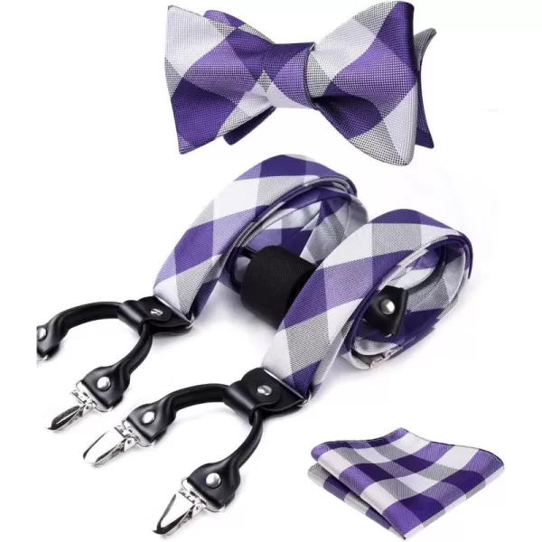 HISDERN Bow tie and Suspenders for Men Plaid Suspender Self Bowtie Pocket Square Adjustable Y Shape Mens Trouser Braces