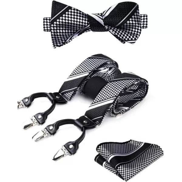HISDERN Bow tie and Suspenders for Men Plaid Suspender Self Bowtie Pocket Square Adjustable Y Shape Mens Trouser Braces