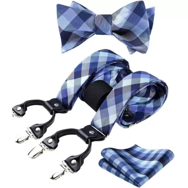 HISDERN Bow tie and Suspenders for Men Plaid Suspender Self Bowtie Pocket Square Adjustable Y Shape Mens Trouser Braces
