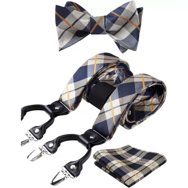 HISDERN Bow tie and Suspenders for Men Plaid Suspender Self Bowtie Pocket Square Adjustable Y Shape Mens Trouser Braces