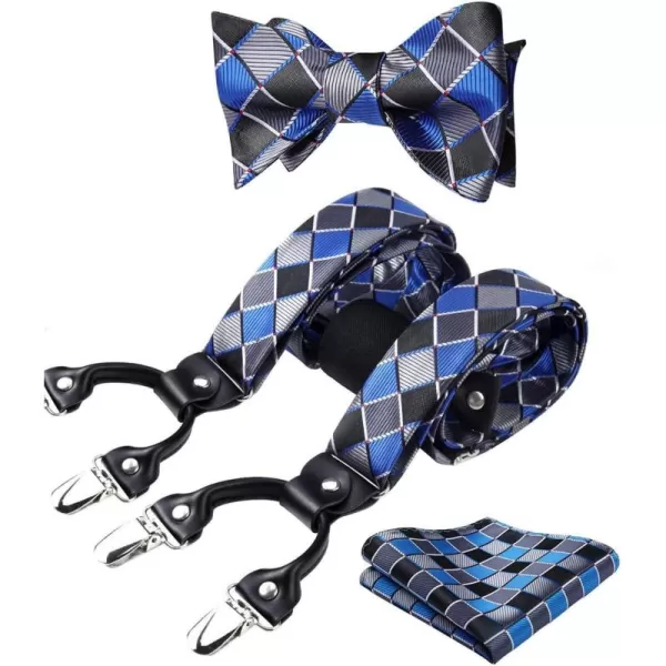 HISDERN Bow tie and Suspenders for Men Plaid Suspender Self Bowtie Pocket Square Adjustable Y Shape Mens Trouser Braces