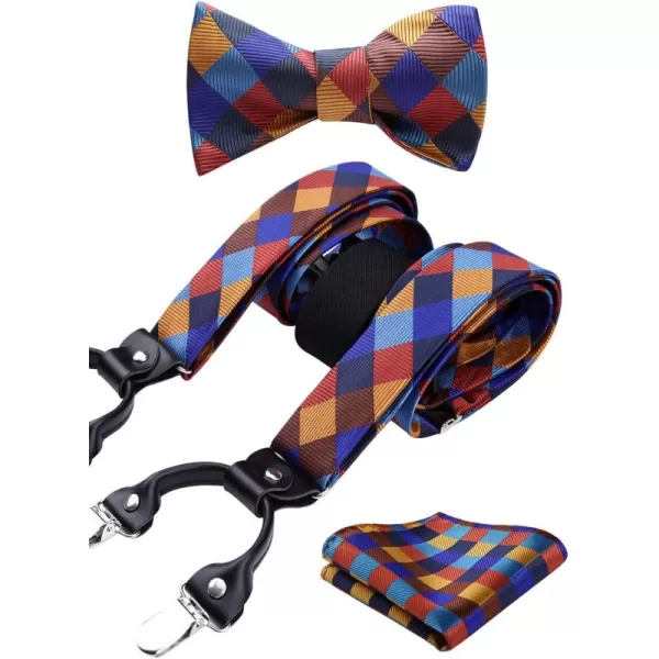 HISDERN Bow tie and Suspenders for Men Plaid Suspender Self Bowtie Pocket Square Adjustable Y Shape Mens Trouser Braces