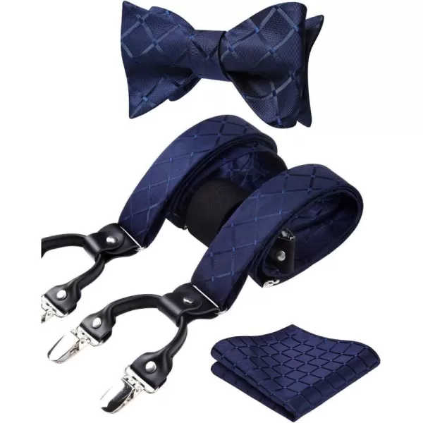 HISDERN Bow tie and Suspenders for Men Plaid Suspender Self Bowtie Pocket Square Adjustable Y Shape Mens Trouser Braces