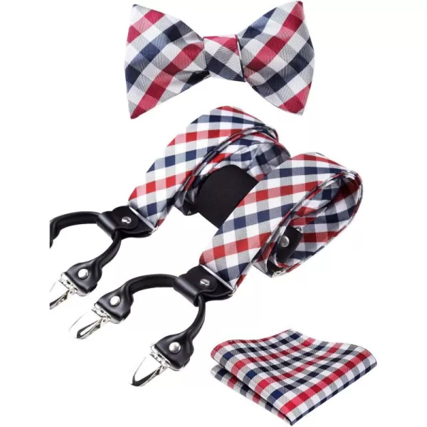 HISDERN Bow tie and Suspenders for Men Plaid Suspender Self Bowtie Pocket Square Adjustable Y Shape Mens Trouser Braces