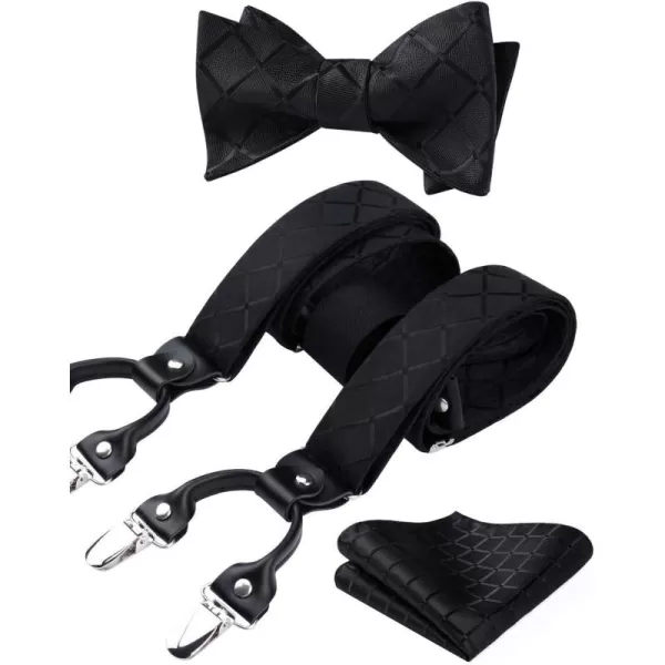 HISDERN Bow tie and Suspenders for Men Plaid Suspender Self Bowtie Pocket Square Adjustable Y Shape Mens Trouser Braces