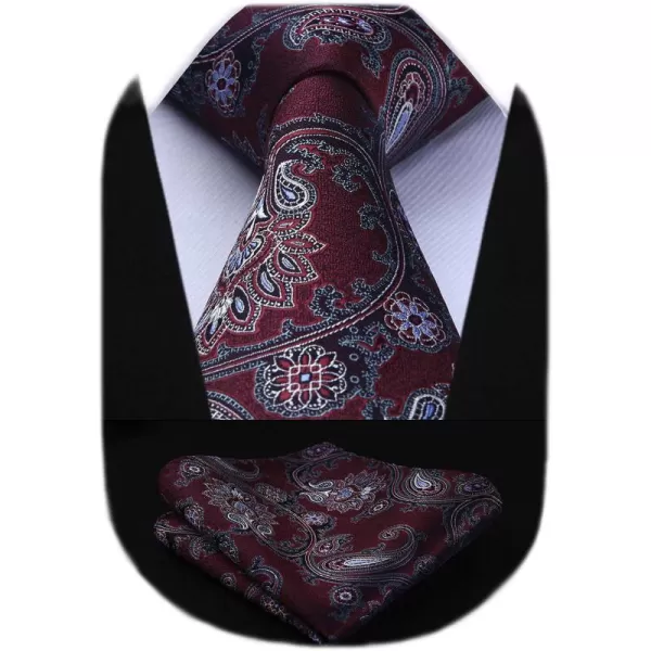 HISDERN Extra Long Ties for Men Classic Floral Tie and Pocket Square Elegant Silk Necktie Handkerchief Set Wedding Party