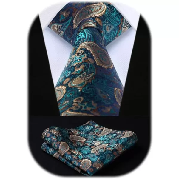 HISDERN Extra Long Ties for Men Classic Floral Tie and Pocket Square Elegant Silk Necktie Handkerchief Set Wedding Party