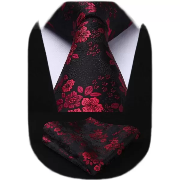 HISDERN Extra Long Ties for Men Classic Floral Tie and Pocket Square Elegant Silk Necktie Handkerchief Set Wedding Party