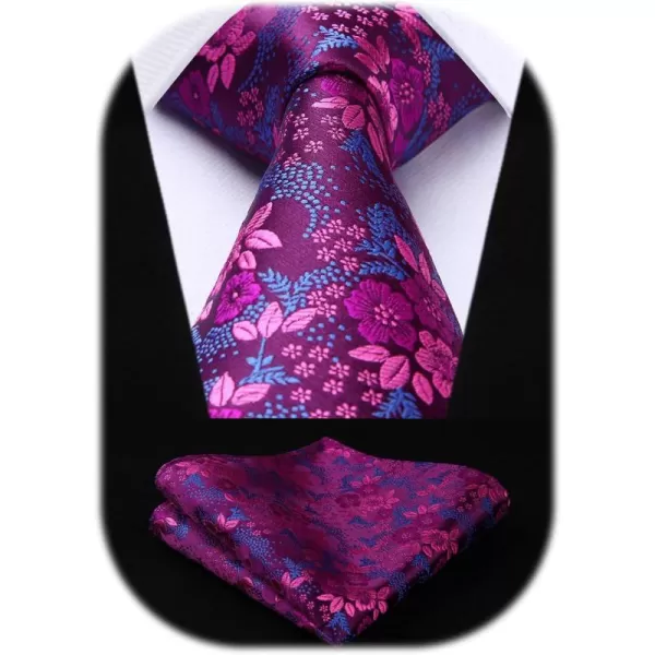 HISDERN Extra Long Ties for Men Classic Floral Tie and Pocket Square Elegant Silk Necktie Handkerchief Set Wedding Party