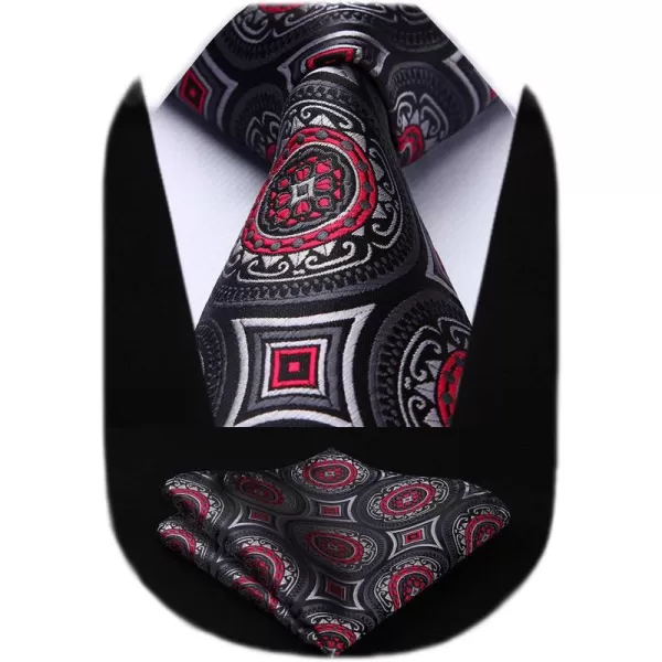 HISDERN Extra Long Ties for Men Classic Floral Tie and Pocket Square Elegant Silk Necktie Handkerchief Set Wedding Party