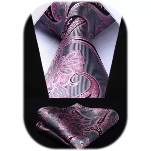 HISDERN Extra Long Ties for Men Classic Floral Tie and Pocket Square Elegant Silk Necktie Handkerchief Set Wedding Party