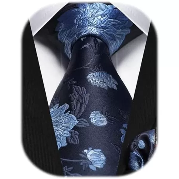 HISDERN Men Floral Ties Woven Classic 3.4" Necktie Set Formal tie Pocket Square for Wedding with Handkerchief Gift Box