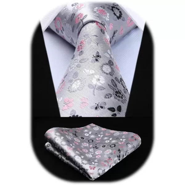 HISDERN Men Floral Ties Woven Classic 3.4" Necktie Set Formal tie Pocket Square for Wedding with Handkerchief Gift Box