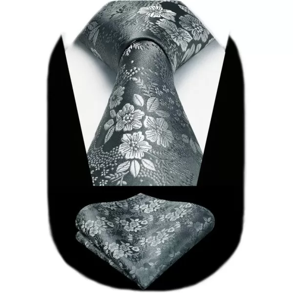 HISDERN Men Floral Ties Woven Classic 3.4" Necktie Set Formal tie Pocket Square for Wedding with Handkerchief Gift Box
