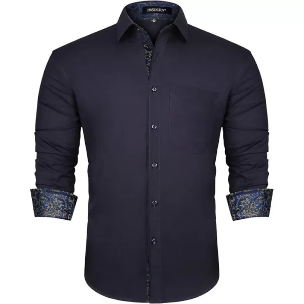 HISDERN Mens Business Dress Shirts Long Sleeve Casual Button Down Shirt Formal Inner Collar Contrast Shirt for Men Wedding