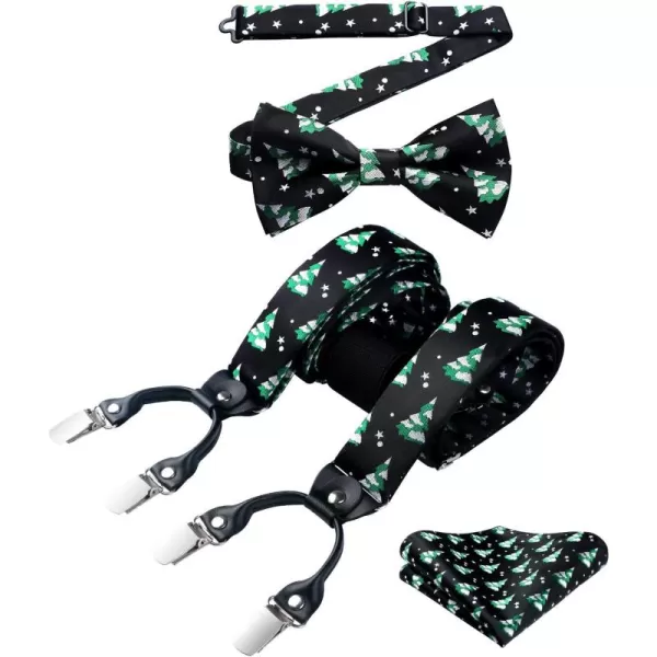 HISDERN Mens Christmas Bow Tie and Suspenders Holiday Festival Braces Y Shape Fun Santa Braces Handkerchief Pocket Square Set