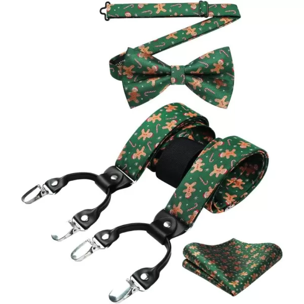 HISDERN Mens Christmas Bow Tie and Suspenders Holiday Festival Braces Y Shape Fun Santa Braces Handkerchief Pocket Square Set