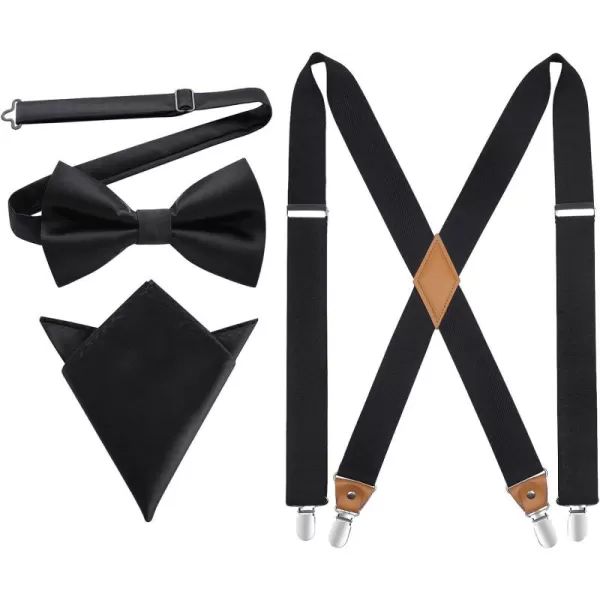 HISDERN Mens Elastic Suspenders and Bow tie Set Solid Color Adjustable X-Back Suspender for Wedding Formal Tuxedo Braces