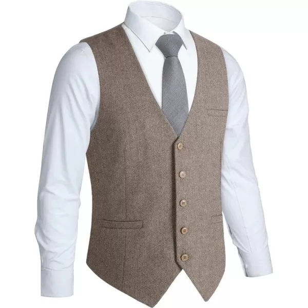 HISDERN Men's Herringbone Tweed Vest British Wedding Premium Wool Blend Suit Vest Business Formal Dress Vests Waistcoat