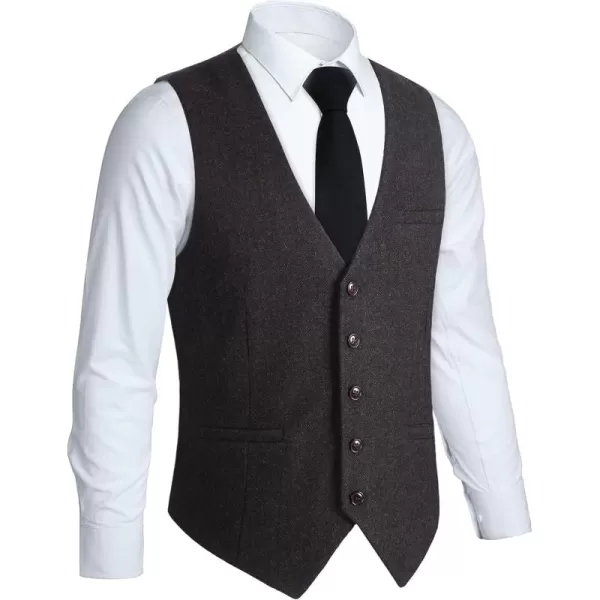 HISDERN Men's Herringbone Tweed Vest British Wedding Premium Wool Blend Suit Vest Business Formal Dress Vests Waistcoat