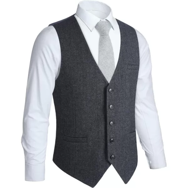 HISDERN Men's Herringbone Tweed Vest British Wedding Premium Wool Blend Suit Vest Business Formal Dress Vests Waistcoat